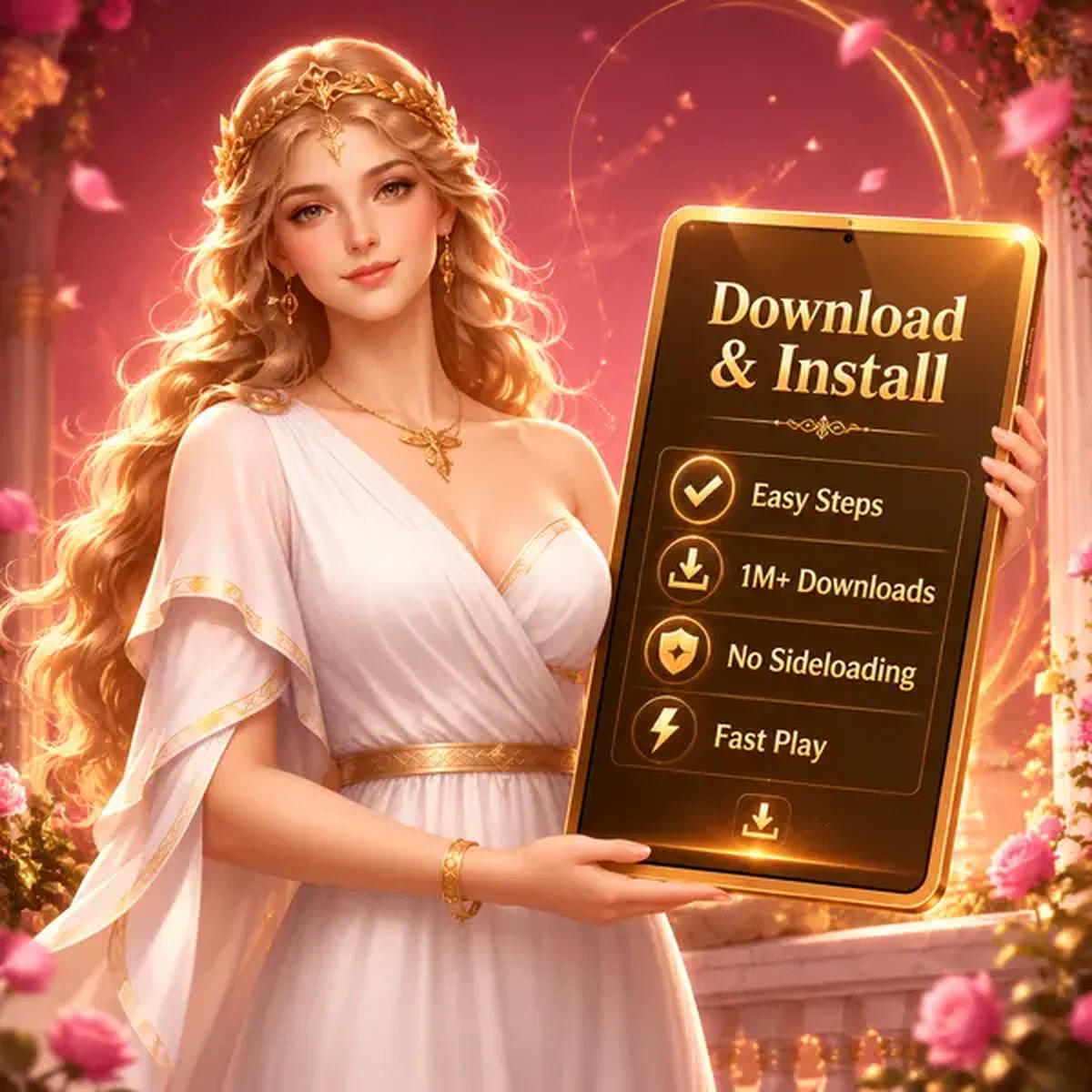 Ruhige Figur lädt Savaspin App auf goldenem Tablet mit eleganten Installationsschritten herunter