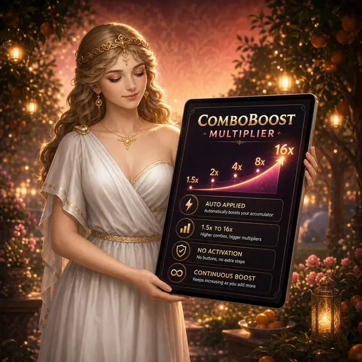 Gelassene Dame betrachtet Sportwetten-ComboBoost-Multiplikatoren auf Savaspin Casino Tablet-Display